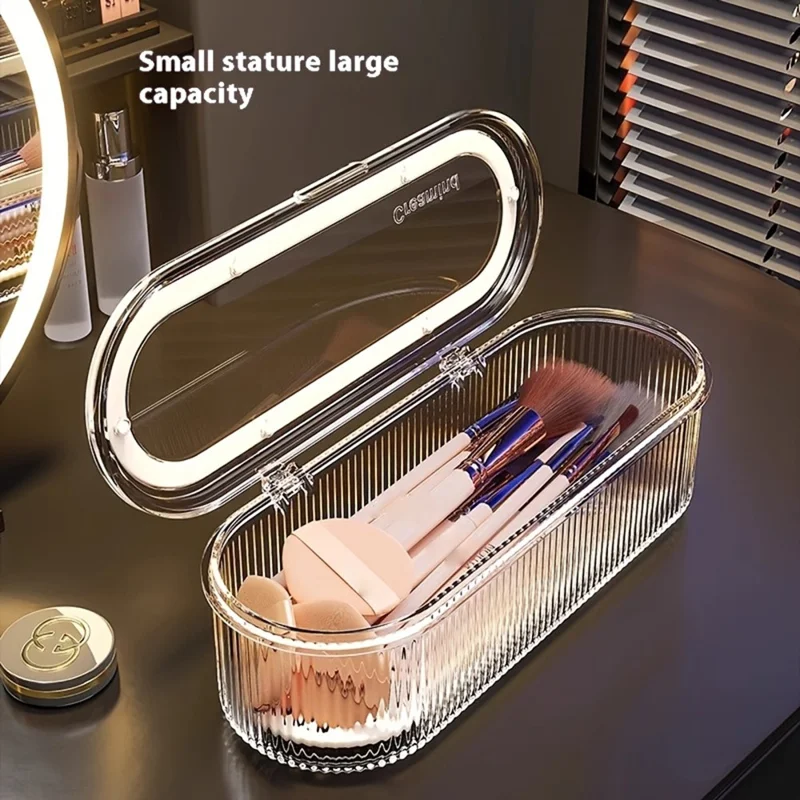 Makeup Brush Organizer Storage Box with Draining Tray  /  Dustproof Cosmetic Tool Holder for Brushes Sponges Eyebrow Pencils