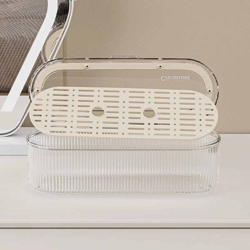 Makeup Brush Organizer Storage Box with Draining Tray  /  Dustproof Cosmetic Tool Holder for Brushes Sponges Eyebrow Pencils