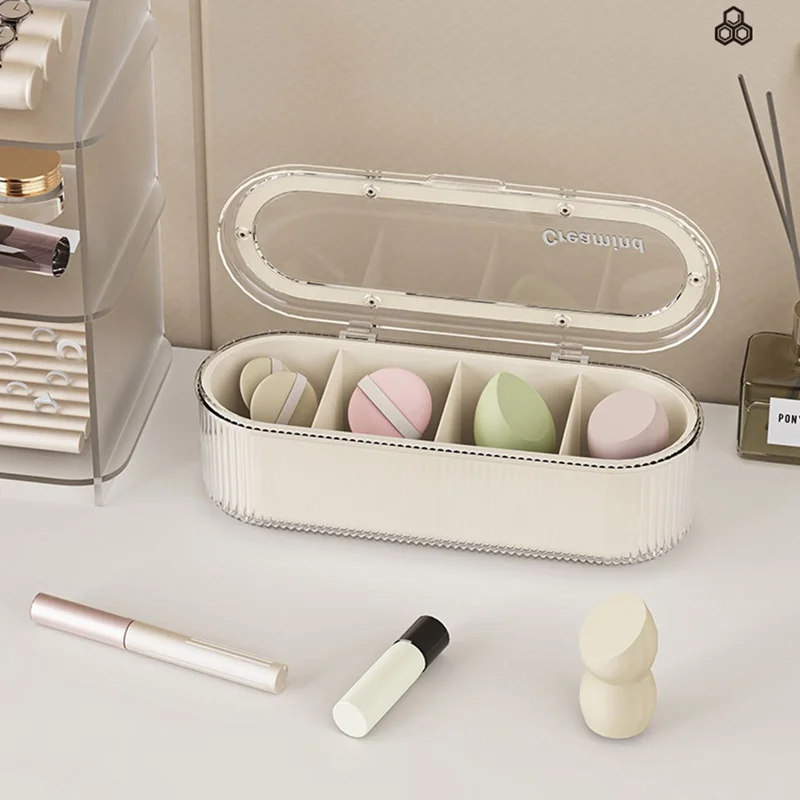 Suporte para Espumas de Maquilhagem com 4 Compartimentos, Suporte para Secagem de Puff de Maquilhagem / Caixa de Armazenamento / Organizador com Escorredor para Beauty Blender