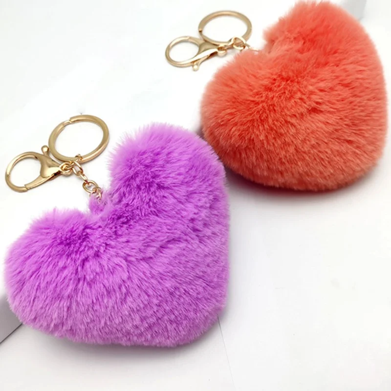 Plush Heart Shaped Hanging Ornament Keychain Car Rearview Mirror Decoration Handbag Charm - White