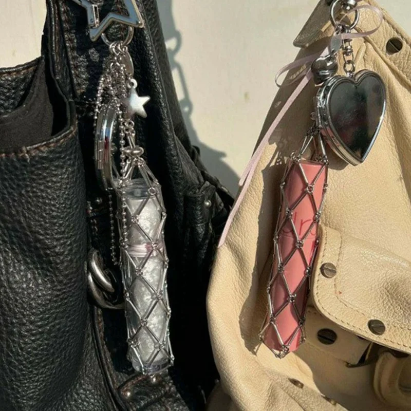 Mesh Lipstick Holder Bag Charm Keychain Pendant Cosmetic Organizer for Purse / Keys Decoration - Star / Heart