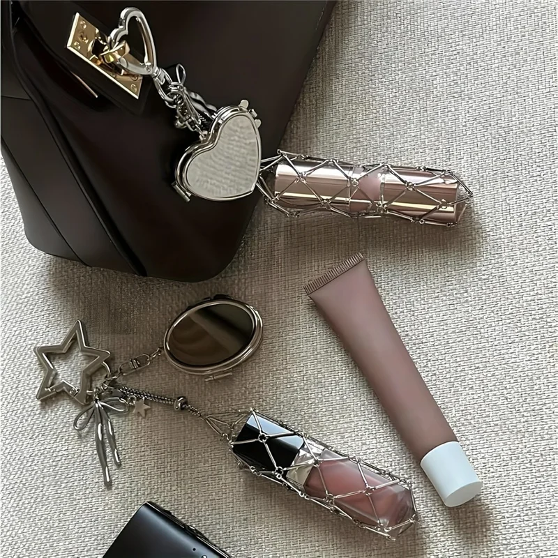 Mesh Lipstick Holder Bag Charm Keychain Pendant Cosmetic Organizer for Purse / Keys Decoration - Star / Heart