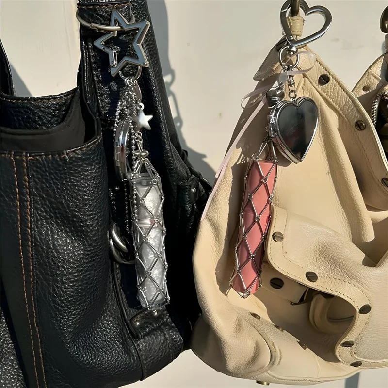 Mesh Lipstick Holder Bag Charm Keychain Pendant Cosmetic Organizer for Purse / Keys Decoration - Star / Heart