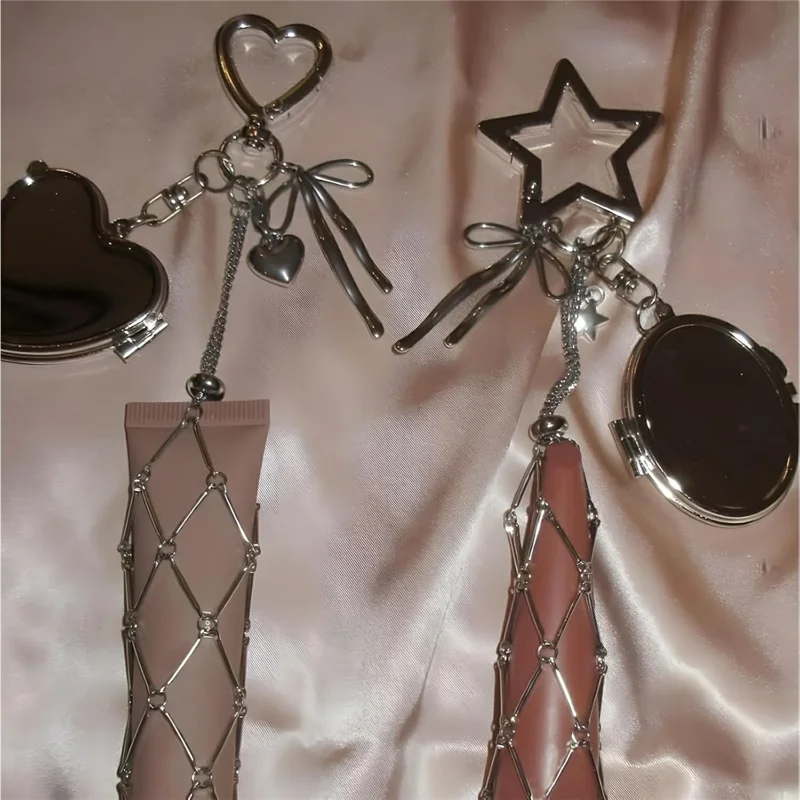 Mesh Lipstick Holder Bag Charm Keychain Pendant Cosmetic Organizer for Purse / Keys Decoration - Star / Heart