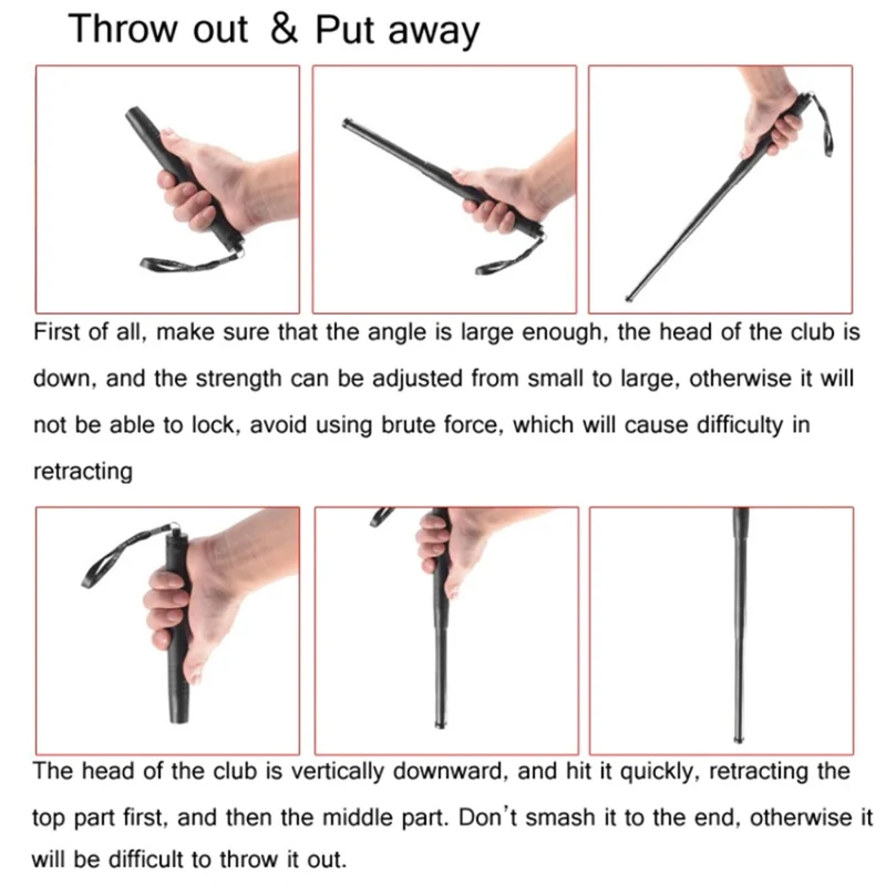 High Hardness Alloy Steel 3 Sections Extendable Tactical Telescopic Baton for Self Defense Security Training - Black