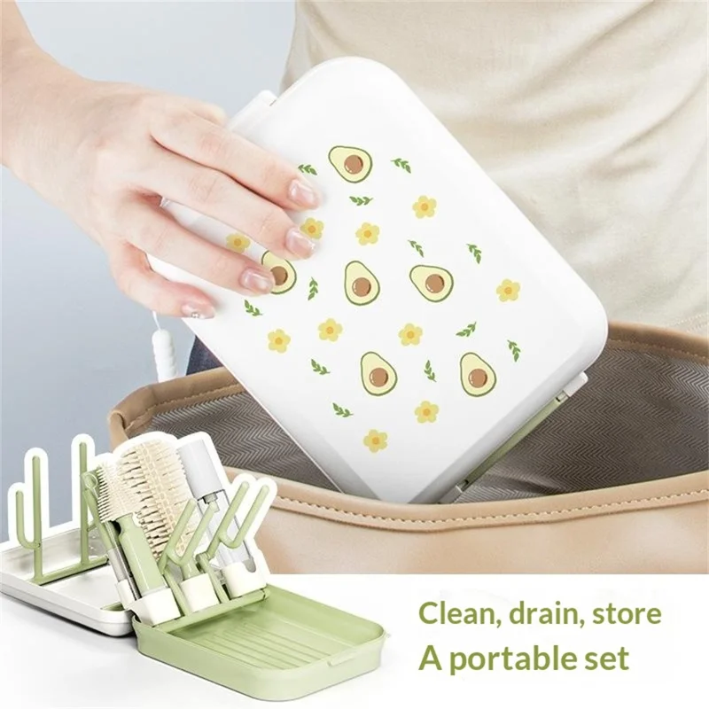 Портативная дорожная щетка для мытья бутылочек, щетка для детских бутылочек с магнитной ручкой и сушилкой — авокадо зеленый