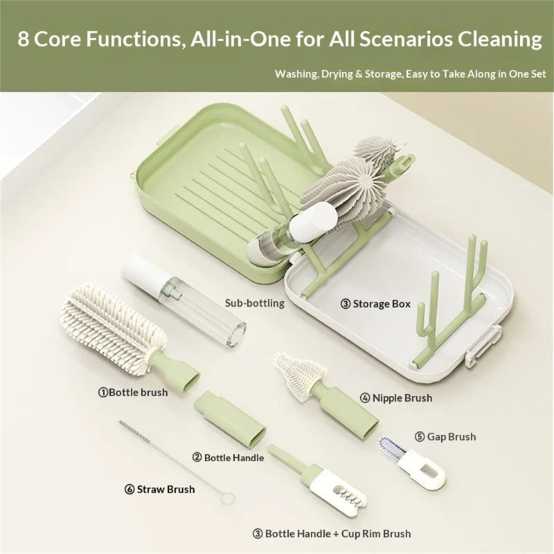 Портативная дорожная щетка для мытья бутылочек, щетка для детских бутылочек с магнитной ручкой и сушилкой — авокадо зеленый