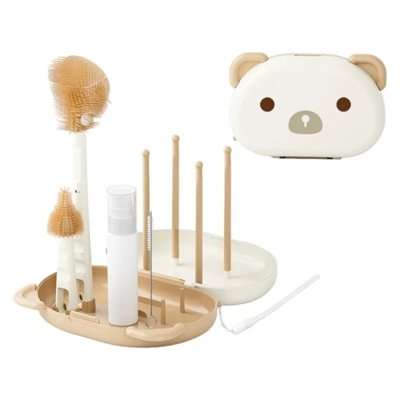 Portable Baby Feeding Bottle Cleaning Brush Set with Straw Brush Drying Rack and Storage Box - White