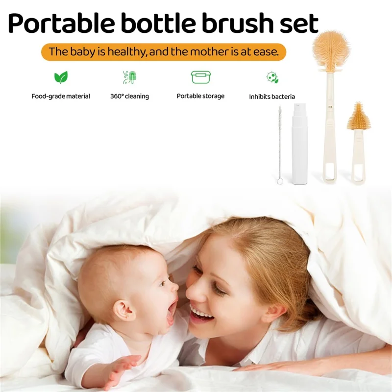 Portable Baby Feeding Bottle Cleaning Brush Set with Straw Brush Drying Rack and Storage Box - White