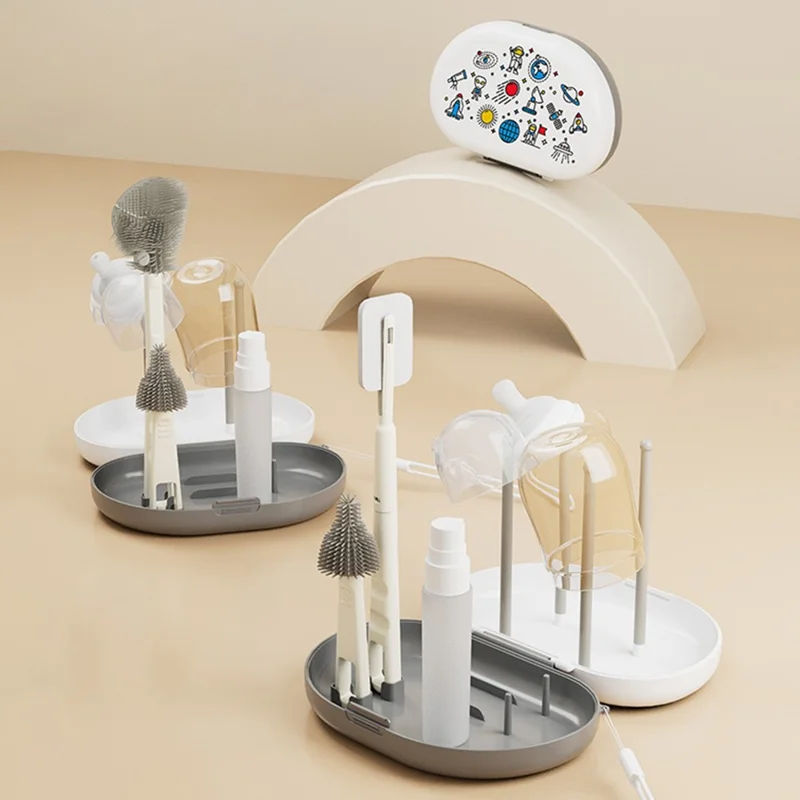 6Pcs / Set Wood Pulp Cotton Baby Bottle Cleaning Brush Travel Kit with Drying Rack for Infant Bottles / Nipples / Cups