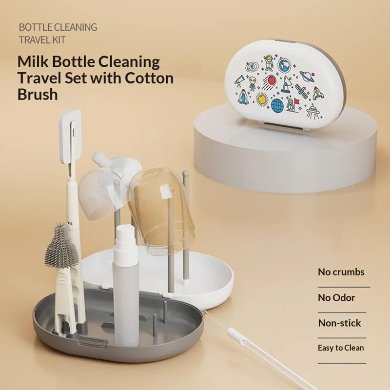6Pcs / Set Wood Pulp Cotton Baby Bottle Cleaning Brush Travel Kit with Drying Rack for Infant Bottles / Nipples / Cups