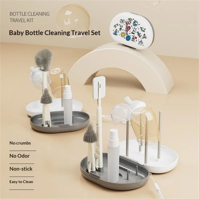 6 stk./sæt TPE babyflaske rengøringsbørste, rejsesæt med tørrehylder til spedbarnsflasker / bryster / kopper