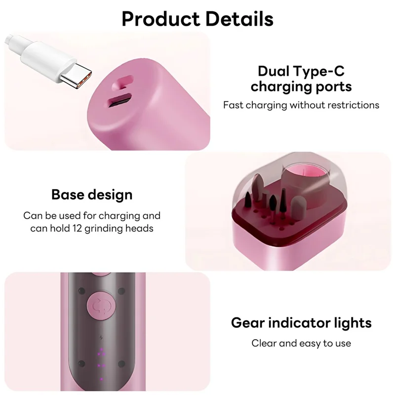 GMC-251 6 Speeds Electric Nail Drill Machine with 6 Drill Bits Nail Polish Remover for Home  /  Professional Use - Pink