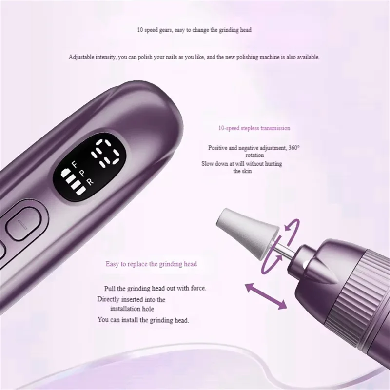 M15 Electric Nail File Pen 10 Speed Settings Nail Drill Machine with LCD Display for Professional / Home Use - Purple