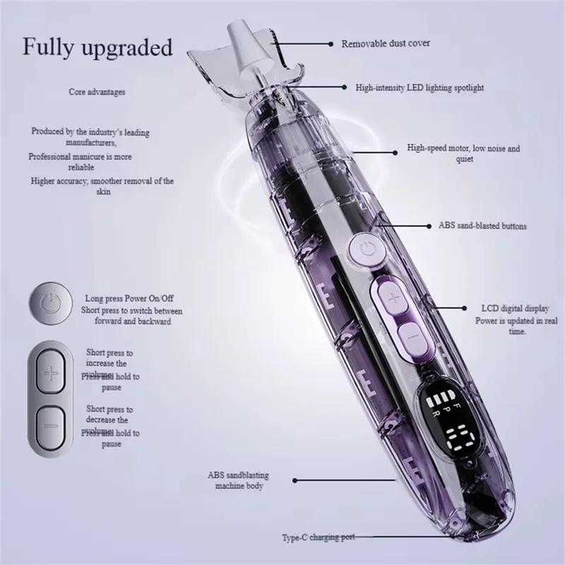 M15 Electric Nail File Pen 10 Speed Settings Nail Drill Machine with LCD Display for Professional / Home Use - Purple