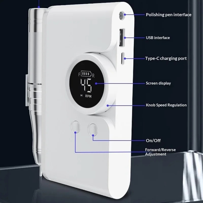 GML-301 Portable Nail Drill with Belt Clip Digital Display Electric Nail File for Gel Polish Removal - White