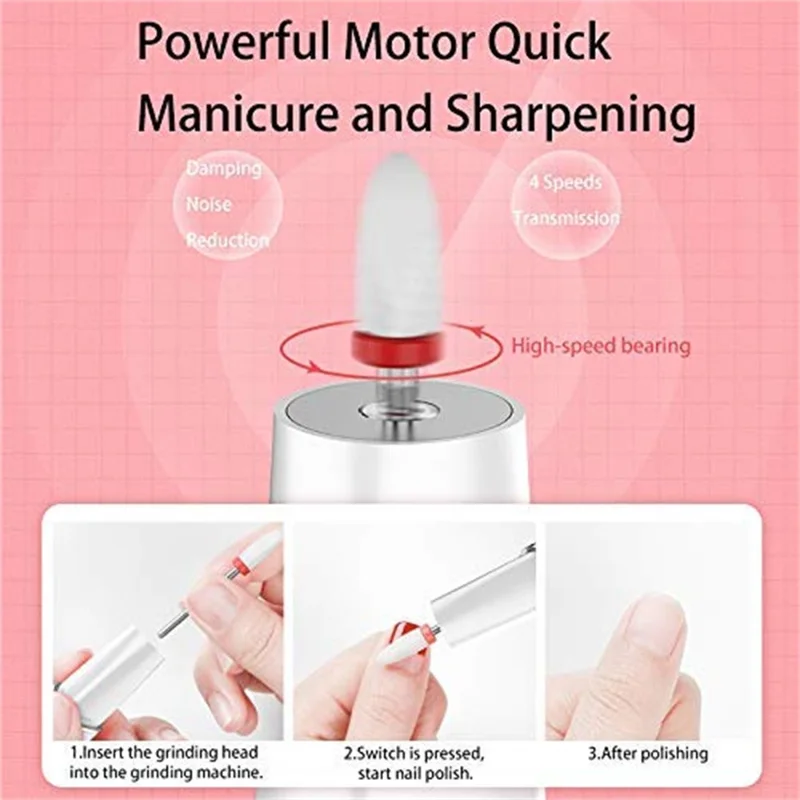 M1 Electric Nail Polisher with 6 Drill Bits 4 Speeds Professional Nail Grinding Polishing Tool Dead Skin Removal Built-in LED Light