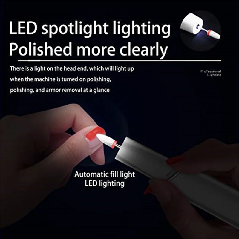 M1 Electric Nail Polisher with 6 Drill Bits 4 Speeds Professional Nail Grinding Polishing Tool Dead Skin Removal Built-in LED Light