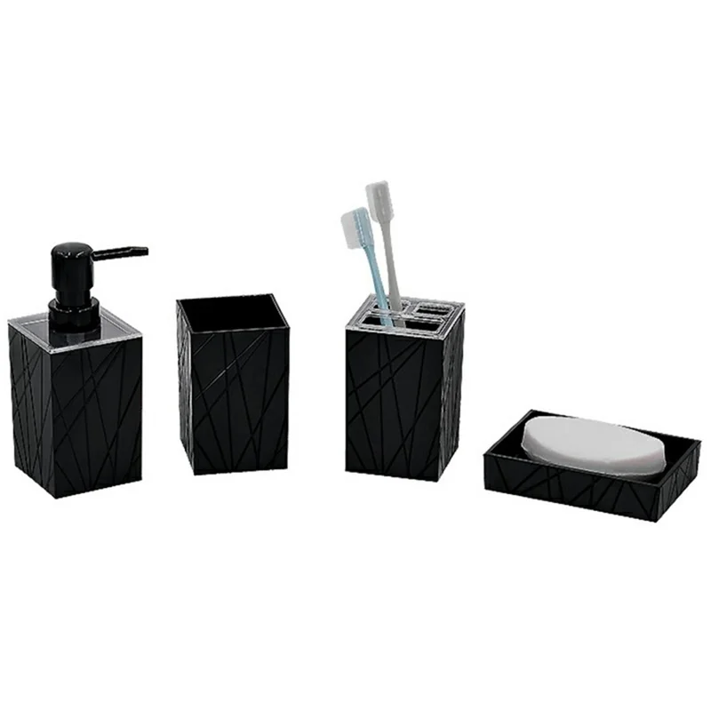 ZT230-4 4Pcs Acrylic Bathroom Accessories Set with Lotion Bottle Mouthwash Cup Toothbrush Holder Soap Dish - Black
