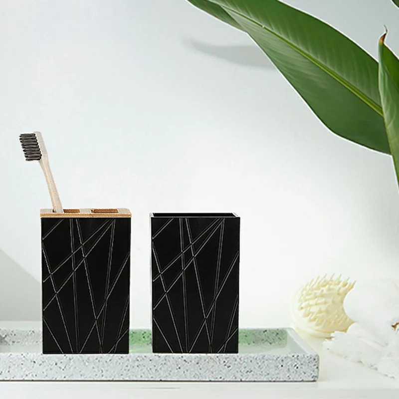 ZT230-4 4Pcs Acrylic Bathroom Accessories Set with Lotion Bottle Mouthwash Cup Toothbrush Holder Soap Dish - Black