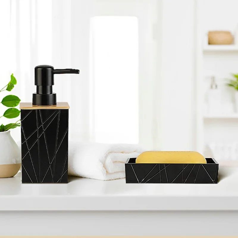 ZT230-4 4Pcs Acrylic Bathroom Accessories Set with Lotion Bottle Mouthwash Cup Toothbrush Holder Soap Dish - Black