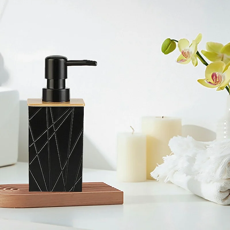 ZT229 Ensemble de salle de bain en bambou et acrylique, 6 pièces, avec distributeur de lotion, gobelet à bain de bouche, porte-brosse à dents, soucoupe à savon, brosse de toilette, contenant à cotons-tiges - Noir