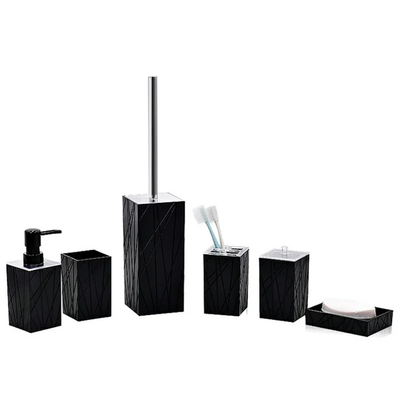 ZT230 Ensemble de 6 pièces en acrylique pour salle de bain avec distributeur de lotion, gobelet à bain de bouche, porte-brosse à dents, soucoupe à savon, brosse de toilette, contenant pour cotons-tiges - Noir