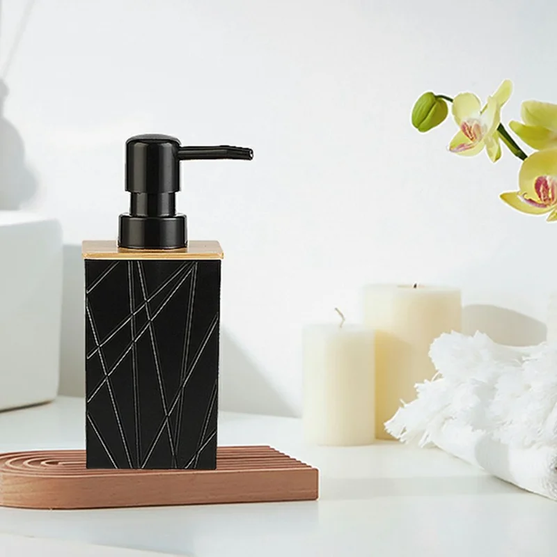 ZT230 Ensemble de 6 pièces en acrylique pour salle de bain avec distributeur de lotion, gobelet à bain de bouche, porte-brosse à dents, soucoupe à savon, brosse de toilette, contenant pour cotons-tiges - Noir