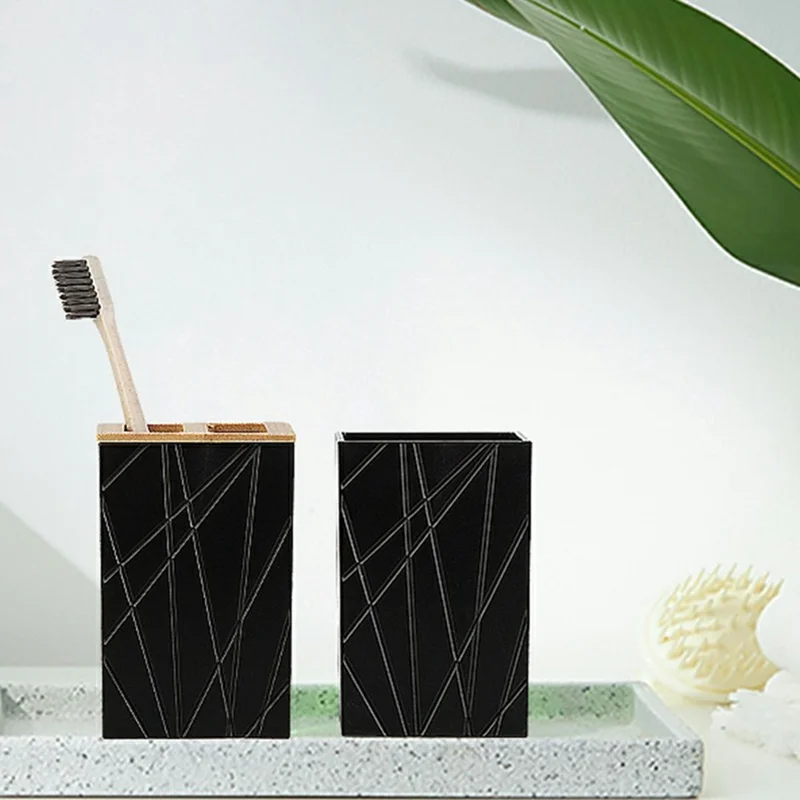 ZT230 Ensemble de 6 pièces en acrylique pour salle de bain avec distributeur de lotion, gobelet à bain de bouche, porte-brosse à dents, soucoupe à savon, brosse de toilette, contenant pour cotons-tiges - Noir