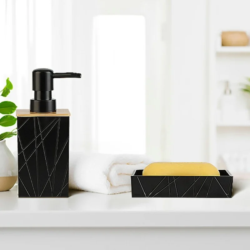 ZT230 Ensemble de 6 pièces en acrylique pour salle de bain avec distributeur de lotion, gobelet à bain de bouche, porte-brosse à dents, soucoupe à savon, brosse de toilette, contenant pour cotons-tiges - Noir