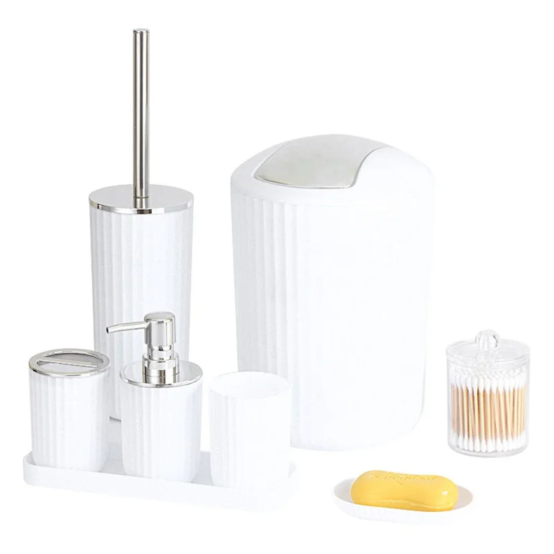 T226-8 Kit de toilette chromé 8 pièces avec poubelle, brosse de toilette, bouteille de lotion, gobelet pour bain de bouche, porte-brosse à dents, porte-savon, contenant pour cotons-tiges et plateau de rangement - Blanc