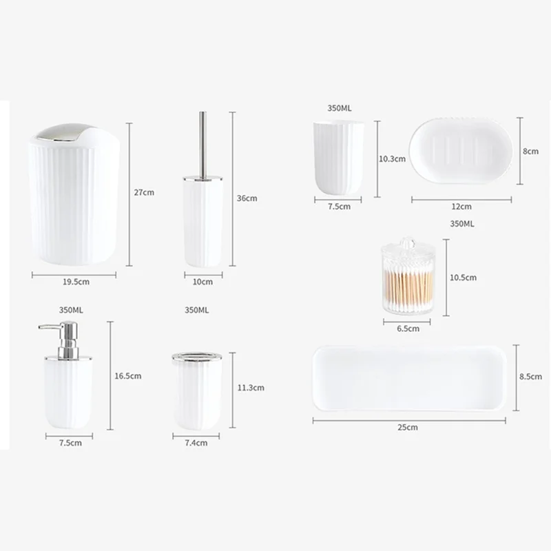 T226-8 Kit de toilette chromé 8 pièces avec poubelle, brosse de toilette, bouteille de lotion, gobelet pour bain de bouche, porte-brosse à dents, porte-savon, contenant pour cotons-tiges et plateau de rangement - Blanc