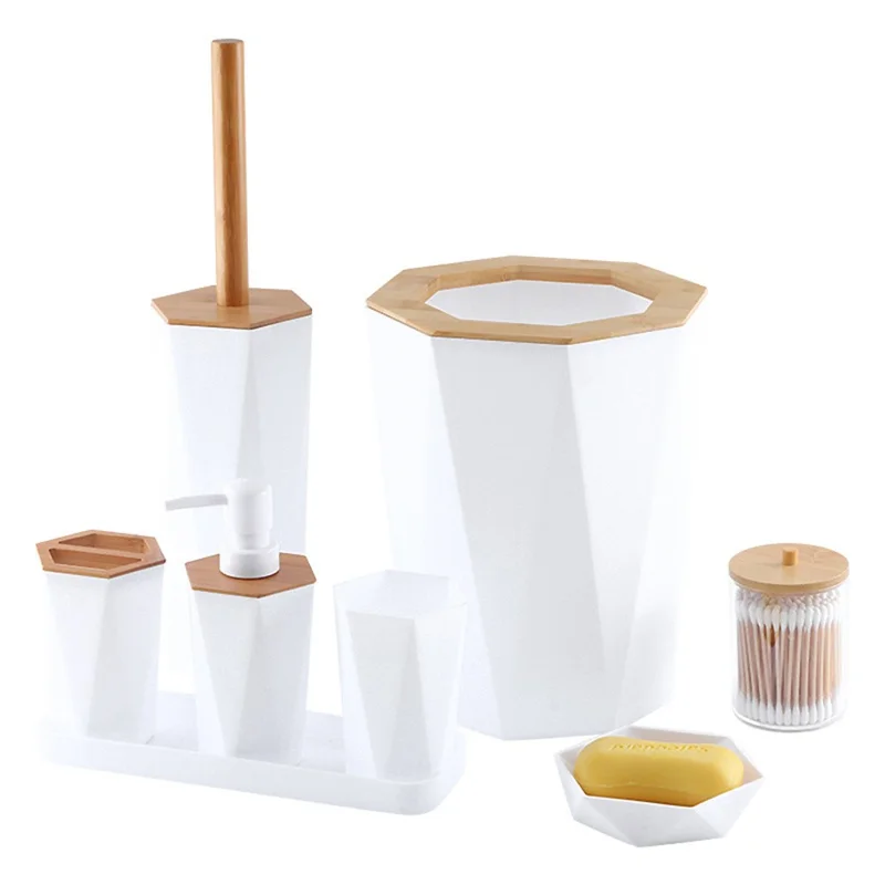 T227 Бамбук PP 8 предметов Набор аксессуаров для ванной с мусорным ведром, ершиком для унитаза, дозатором для лосьона, стаканом для полоскания рта, подставкой для зубных щеток, мыльницей, контейнером для ватных палочек, подносом - Белый