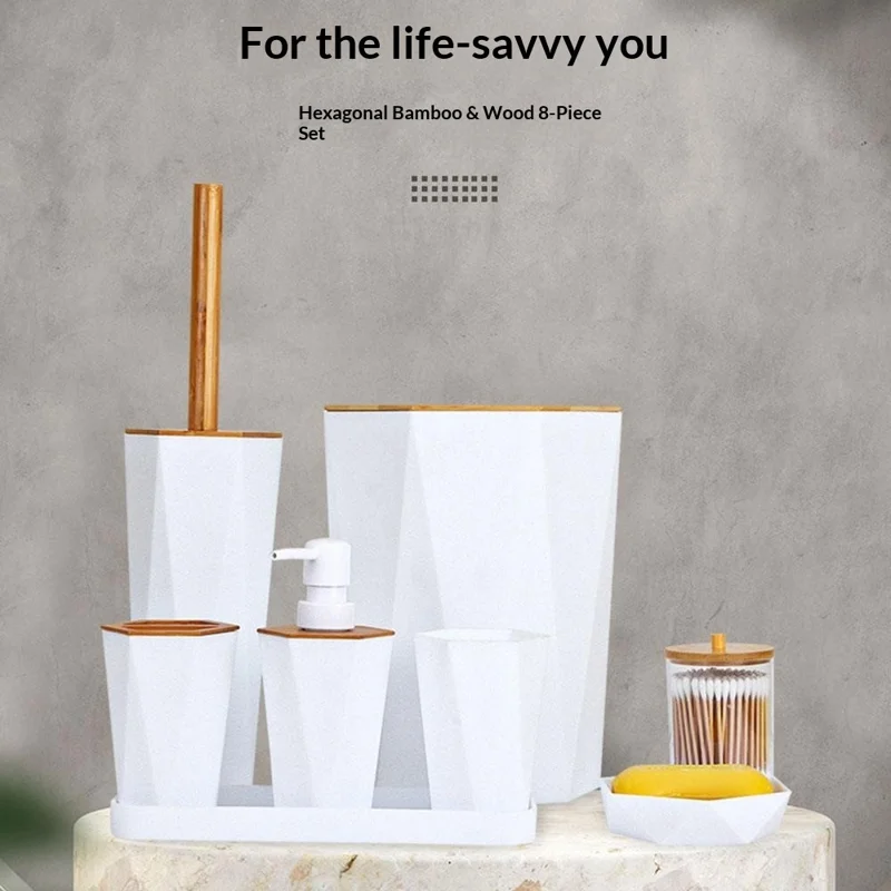 T227 Бамбук PP 8 предметов Набор аксессуаров для ванной с мусорным ведром, ершиком для унитаза, дозатором для лосьона, стаканом для полоскания рта, подставкой для зубных щеток, мыльницей, контейнером для ватных палочек, подносом - Белый