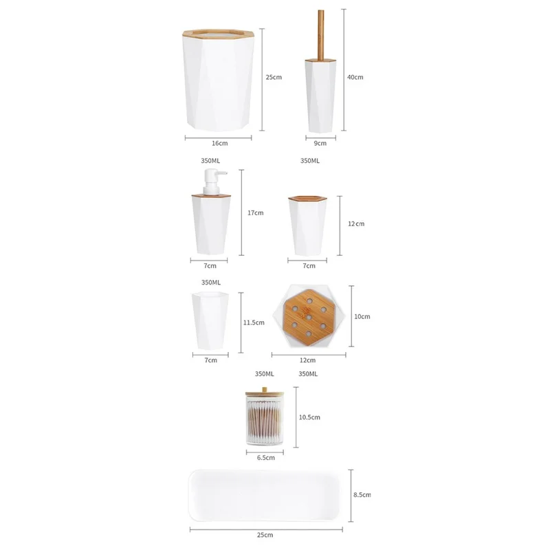 T227 Бамбук PP 8 предметов Набор аксессуаров для ванной с мусорным ведром, ершиком для унитаза, дозатором для лосьона, стаканом для полоскания рта, подставкой для зубных щеток, мыльницей, контейнером для ватных палочек, подносом - Белый
