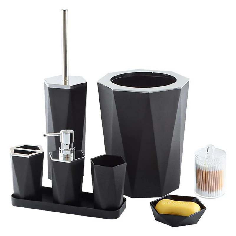 T228 Электролитический набор для ванной с мусорной корзиной, щеткой для унитаза, бутылочкой для лосьона, стаканом для ополаскивателя, держателем для зубных щеток, мыльницей, контейнером для ватных палочек, подносом - Черный