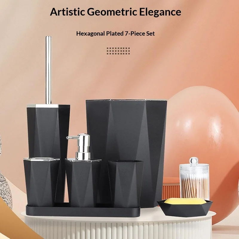 T228 Электролитический набор для ванной с мусорной корзиной, щеткой для унитаза, бутылочкой для лосьона, стаканом для ополаскивателя, держателем для зубных щеток, мыльницей, контейнером для ватных палочек, подносом - Черный