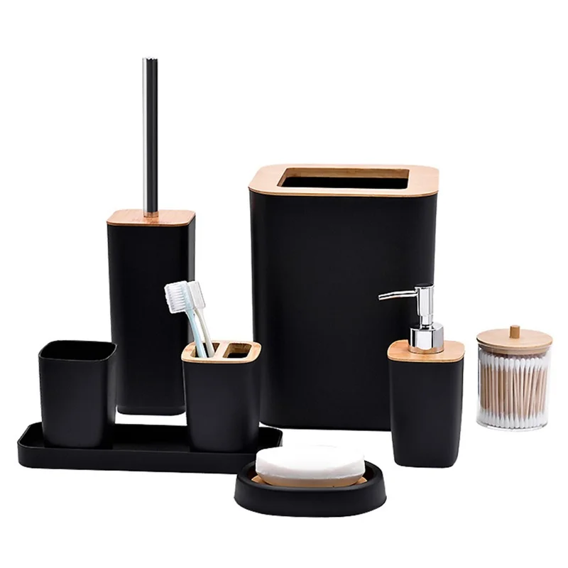 ZT238-8 Ensemble de 8 pièces en bambou de luxe PP Accessoires de salle de bain avec poubelle brosse WC bouteille de lotion gobelet pour bain de bouche porte-brosse à dents savonnière boîte à cotons-tiges plateau de rangement - Noir