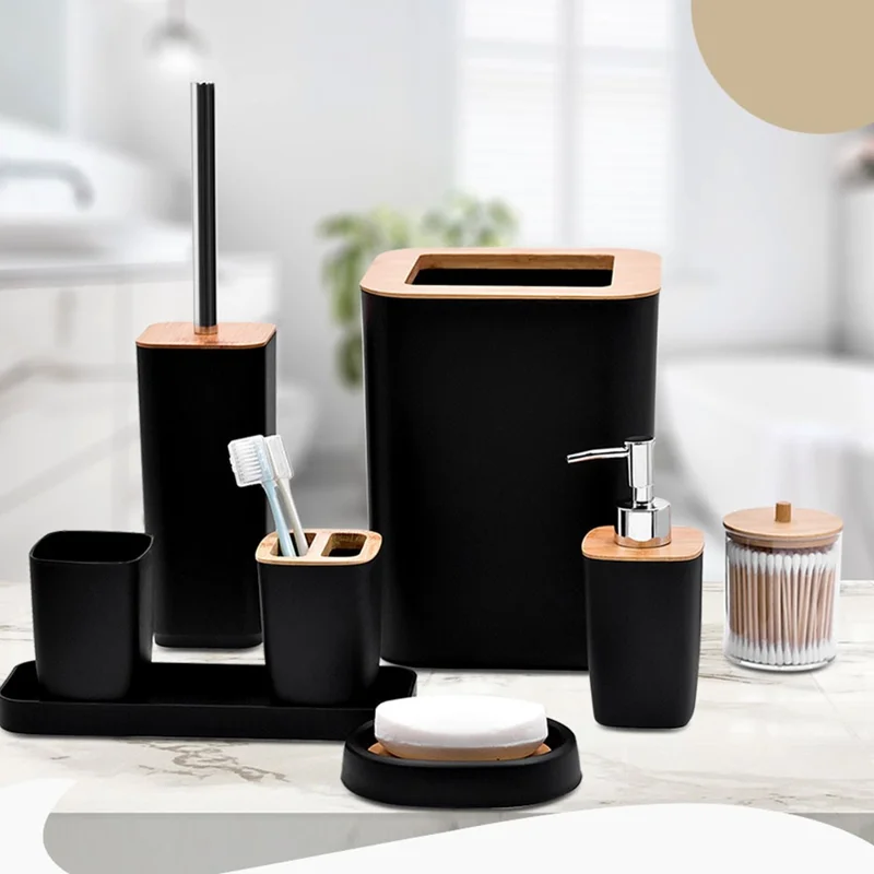 ZT238-8 Ensemble de 8 pièces en bambou de luxe PP Accessoires de salle de bain avec poubelle brosse WC bouteille de lotion gobelet pour bain de bouche porte-brosse à dents savonnière boîte à cotons-tiges plateau de rangement - Noir