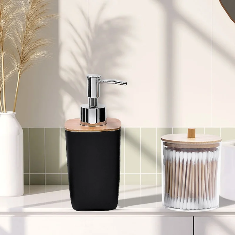 ZT238-8 Ensemble de 8 pièces en bambou de luxe PP Accessoires de salle de bain avec poubelle brosse WC bouteille de lotion gobelet pour bain de bouche porte-brosse à dents savonnière boîte à cotons-tiges plateau de rangement - Noir