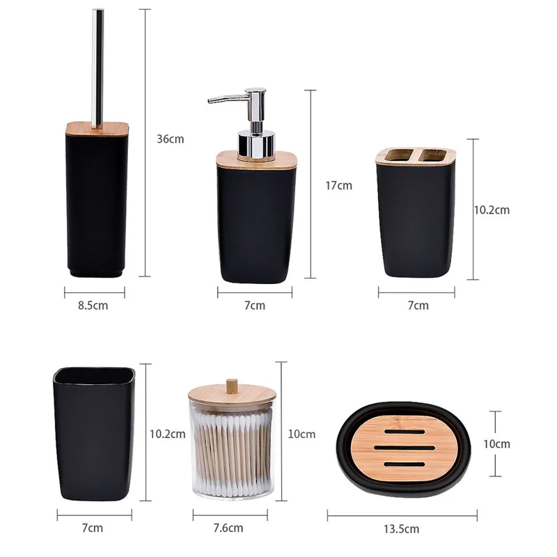 ZT238-8 Ensemble de 8 pièces en bambou de luxe PP Accessoires de salle de bain avec poubelle brosse WC bouteille de lotion gobelet pour bain de bouche porte-brosse à dents savonnière boîte à cotons-tiges plateau de rangement - Noir