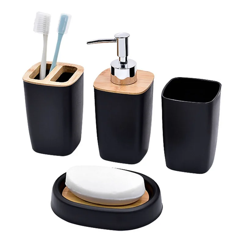 ZT230-4 4Pcs Luxury Bamboo PP Bathroom Toiletry Kit with Lotion Bottle Mouthwash Cup Toothbrush Holder Soap Dish - Black