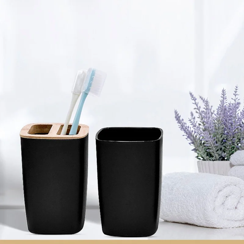 ZT230-4 4Pcs Luxury Bamboo PP Bathroom Toiletry Kit with Lotion Bottle Mouthwash Cup Toothbrush Holder Soap Dish - Black
