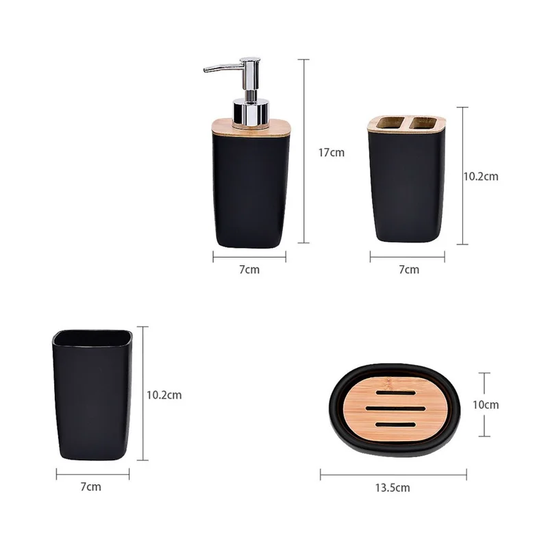 ZT230-4 4Pcs Luxury Bamboo PP Bathroom Toiletry Kit with Lotion Bottle Mouthwash Cup Toothbrush Holder Soap Dish - Black