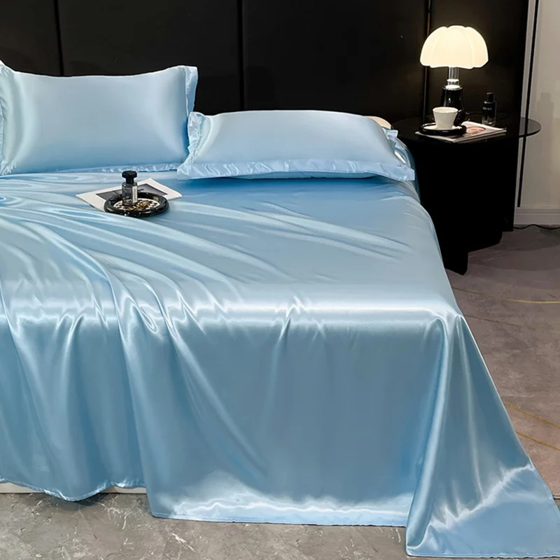3Pcs Summer Washable Silk Bedding Set with 180 x 230cm Bed Sheet / 2 Pillowcase for Bedroom - Sky Blue