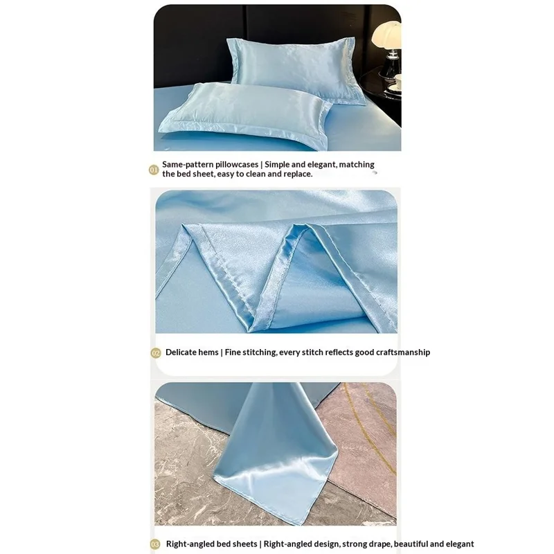 3Pcs Summer Washable Silk Bedding Set with 180 x 230cm Bed Sheet / 2 Pillowcase for Bedroom - Sky Blue