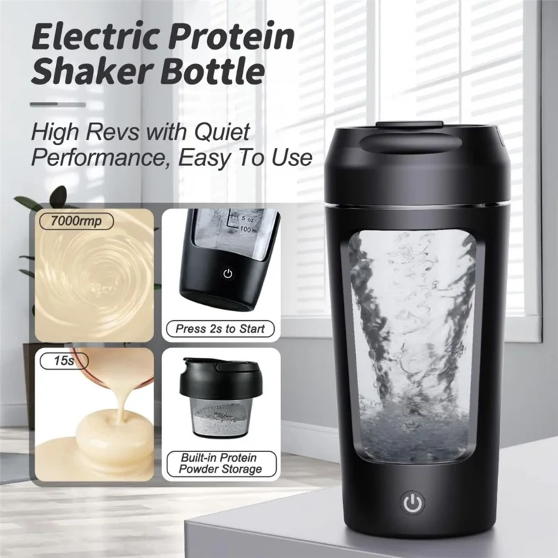 23652 Electric Protein Shaker Bottle 650ml USB Rechargeable Automatic Blender Cup (BPA Free, No FDA Certificate) - Black