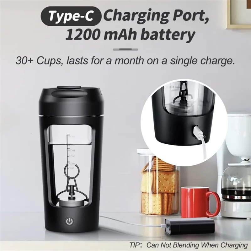 23652 Electric Protein Shaker Bottle 650ml USB Rechargeable Automatic Blender Cup (BPA Free, No FDA Certificate) - Black