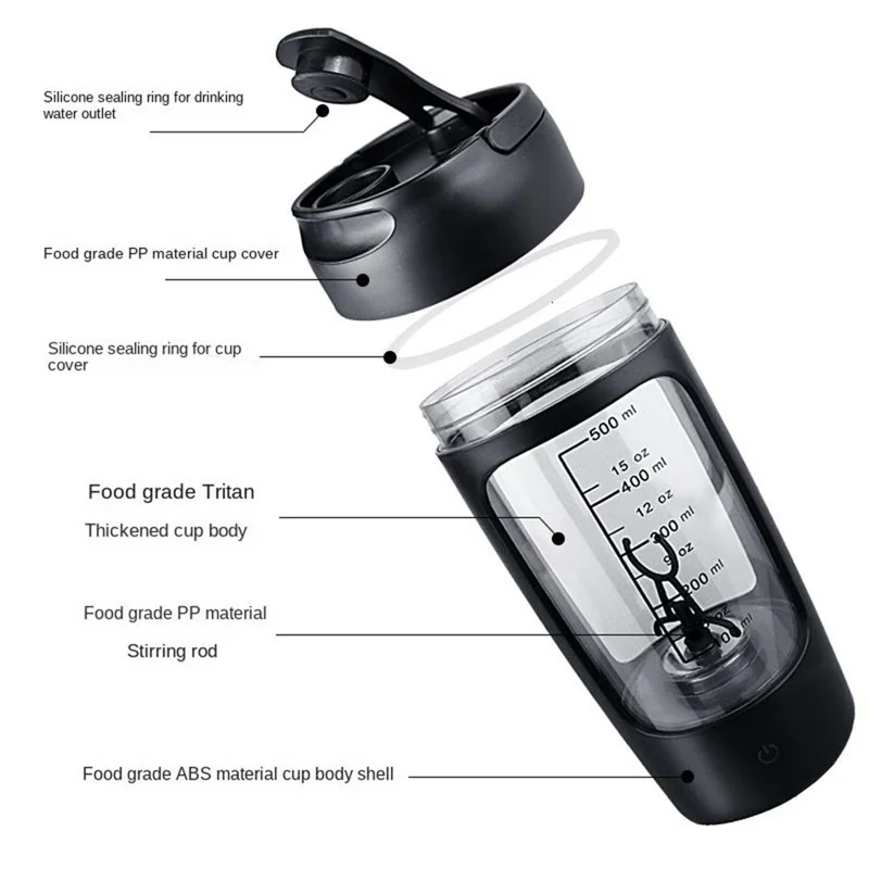 23652 Electric Protein Shaker Bottle 650ml USB Rechargeable Automatic Blender Cup (BPA Free, No FDA Certificate) - Black