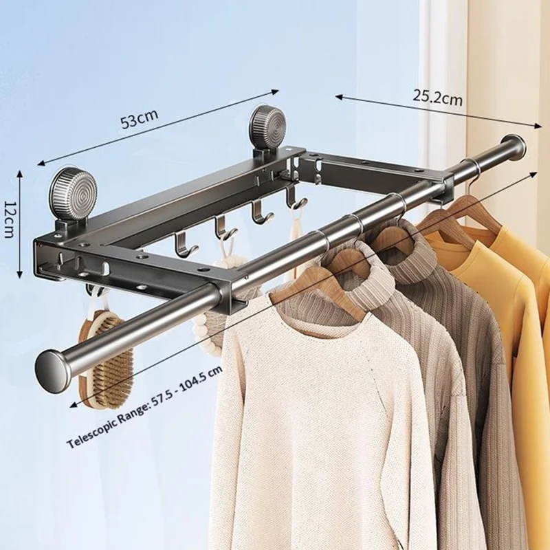 Retractable Clothes Drying Pole with 6 Hooks No-Drill Foldable Suction Cup Rack for Balcony Bathroom - Black
